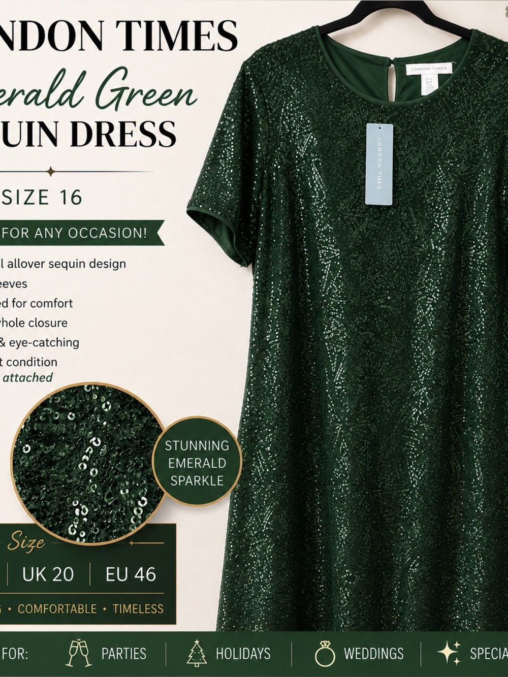 London Times Emerald Green Sequin Midi Dress size 16